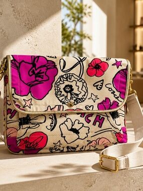 Coach Floral Beige Crossbody with Pink & Red Poppy Accents